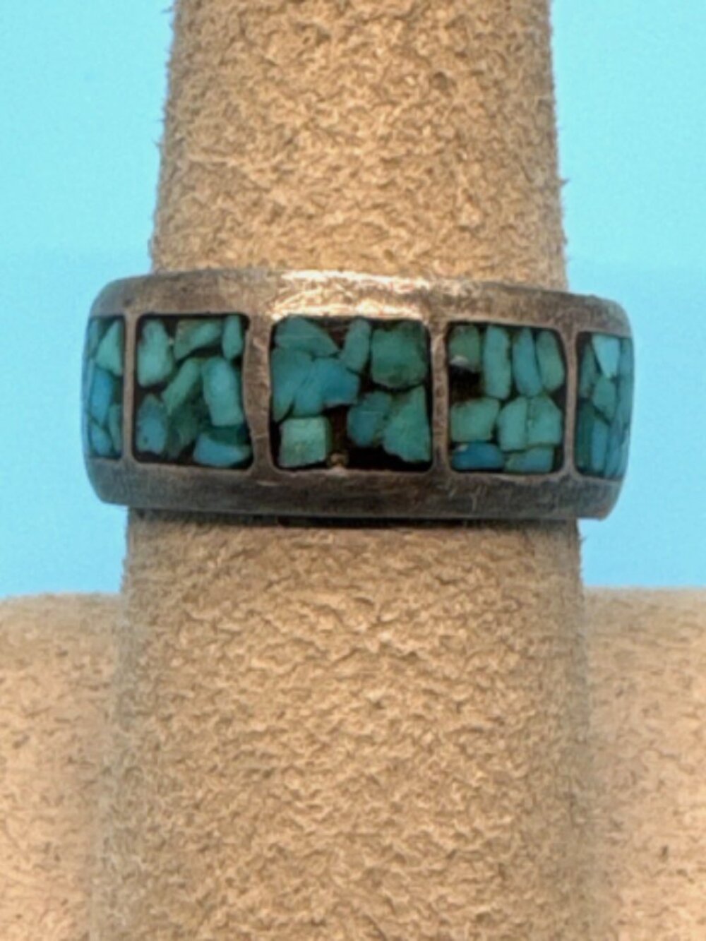 Vintage Southwest Turquoise Inlay Sterling Silver Unisex Band Ring 7.4g, Size 7